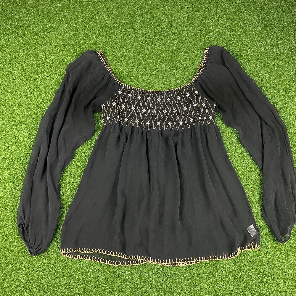 Vintage Ivy Jane Black Off The Shoulder Smocked Embellished Faux Pearl Top Sz M
